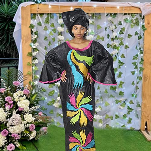 TIDOIRSA African Dresses for Women, 3/4 Sleeves Jacquard Fabric Wedding Dress with Scarf (2XL, Black)