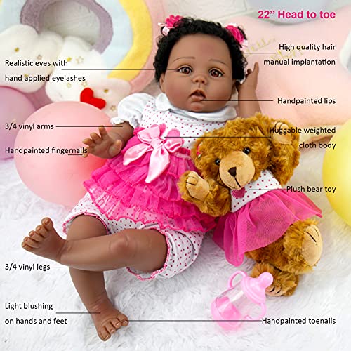 Milidool Reborn Baby Dolls Black African American Lifelike Girl Dolls 22 inch with Feeding Toys Set for Kids 3+