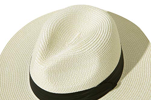 Lanzom Women Wide Brim Straw Panama Roll up Hat Fedora Beach Sun Hat UPF50+ (02-fold Belt Beige)