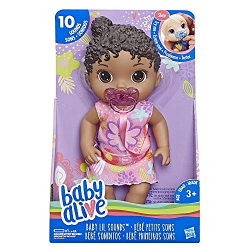 Baby Alive Baby Lil Sounds: Interactive Black Hair Baby Doll for Girls & Boys Ages 3 & Up, Makes 10 Sound Effects, Including Giggles, Cries, Baby Doll with Pacifier