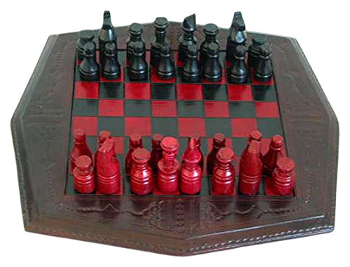 NOVICA Red and Black Wood and Leather Chess Set, African Battle'