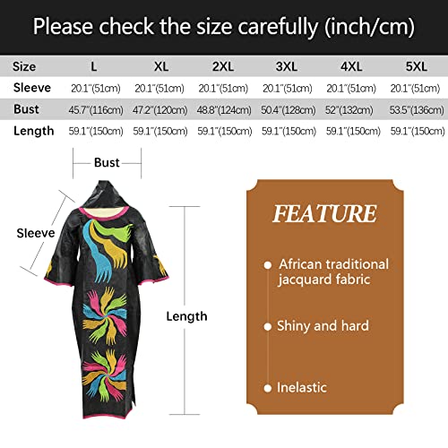TIDOIRSA African Dresses for Women, 3/4 Sleeves Jacquard Fabric Wedding Dress with Scarf (2XL, Black)