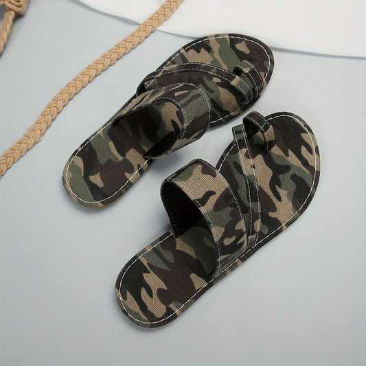 Women's Camo Pattern Sandals, Slip On Lightweight Flat Summer Toe Loop Slides, Non-slip Beach Trendy Slides