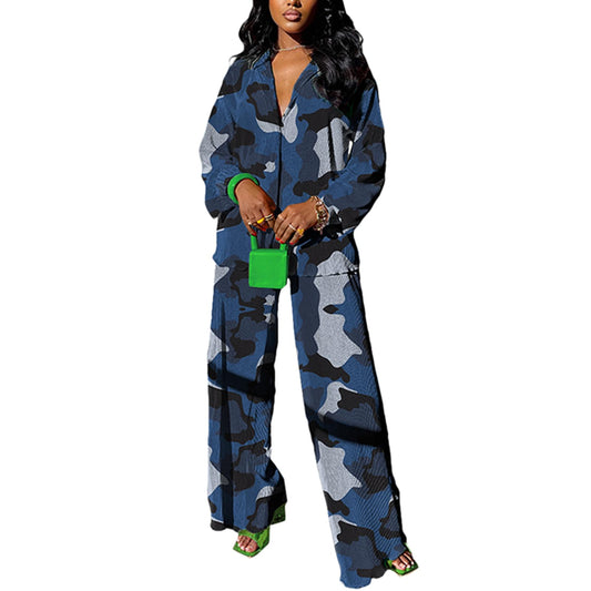 kaimimei Casual 2 Piece Outfit for Women - Linen Long Sleeve Button Down Shirt + Flare Pleated Wide Leg Pants Sets Streetwear Camo Blue