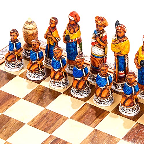 Kumbula i Africa Mini Tribal Chess Set. Hand-Painted African Chess Set Made from Wood and Polystone. Manufactured in South African by Local Artists