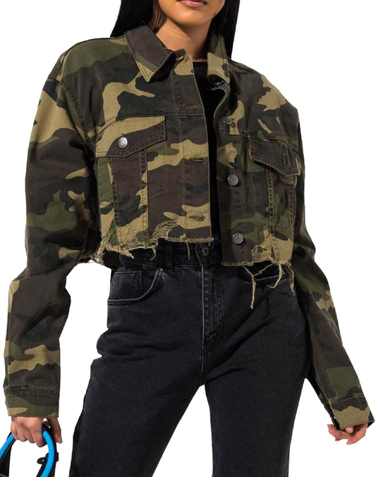 sexycherry Camo Jacket for Women Lightweight Camouflage Jackets Long Sleeve Frayed Coat with Pockets Button Down Large