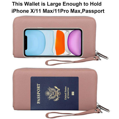 Lavemi Women's RFID Blocking 100% Leather Large Capacity Zip Around Wallet Phone Holder Clutch Travel Purse Wristlet(Large Size Nude)