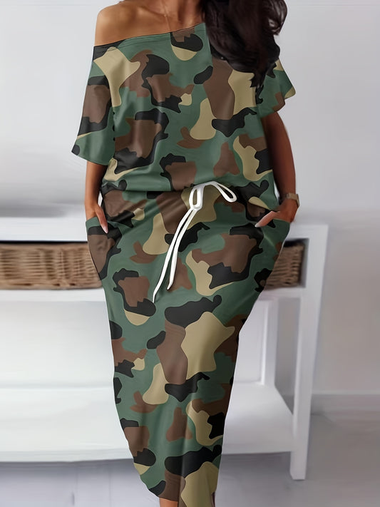 Plus Size Casual Outfits Set, Women's Plus Camo Print Short Sleeve One Shoulder Tee & Pocketed Skirt Outfits Two Piece Set