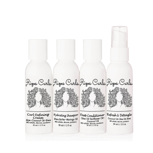 Rizos Curls 4 Step Travel Kit, Travel Hydrating Shampoo, Travel Deep Conditioner, Travel Curl Cream, Travel Leave In Conditioner Refresh & Detangle Spray Bundle
