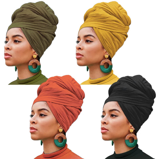XTREND 4 Pieces Stretch Jersey Head Wrap Knit Turban Urban Hairband Scarf Fashion Headband Solid Color Breathable Ultra Soft Extra Long Head Band Tie for Women (Black, Army Green, Turmeric, Orange)