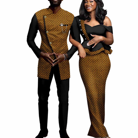 Realwax African Couple Outfits Women Print Wax One Shoulder Pencil Dress with Men Dashiki Jacket Shirt and Pants Sets 743 S