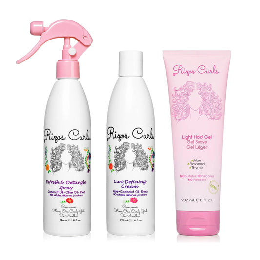 Rizos Curls Styling Starter Kit, Refresh and Detangle Spray & Curl Defining Cream & Light Hold Gel Bundle, Enhance & Define Curls, Add Volume & Hold, Frizz Control & Shine