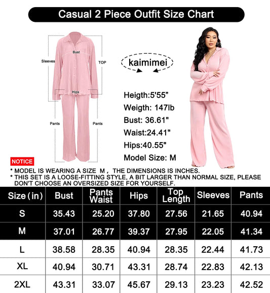kaimimei Casual 2 Piece Outfit for Women - Linen Long Sleeve Button Down Shirt + Flare Pleated Wide Leg Pants Sets Streetwear Camo Blue