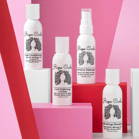 Rizos Curls 4 Step Travel Kit, Travel Hydrating Shampoo, Travel Deep Conditioner, Travel Curl Cream, Travel Leave In Conditioner Refresh & Detangle Spray Bundle