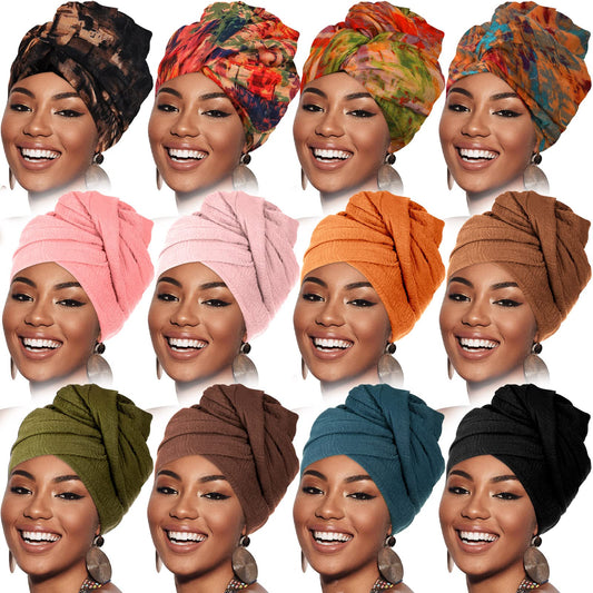 Geyoga 12 Pieces Head Wraps for Women Turbans African Headwraps for Black Women Soft Long Headband Scarf Hijab (Classic Colors)