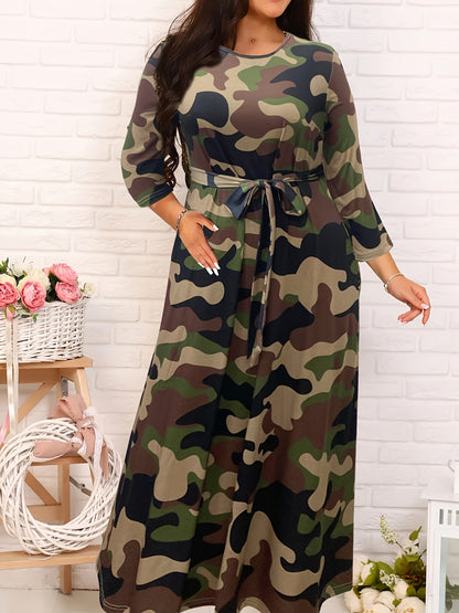Plus Size Casual Dress, Women's Plus Camo Print Long Sleeve Round Neck Maxi Dress With Belt