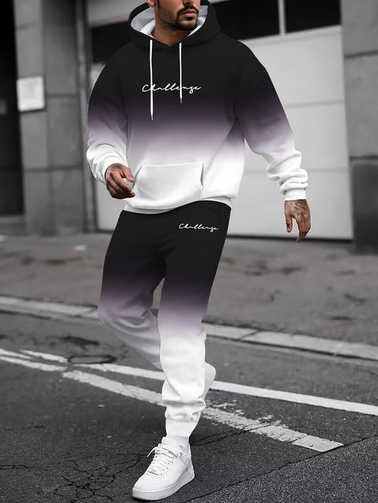 Men's Challenge Print Fashion Color Block   Loungewear Set, Hoodie and Sweatpants Set, For Men