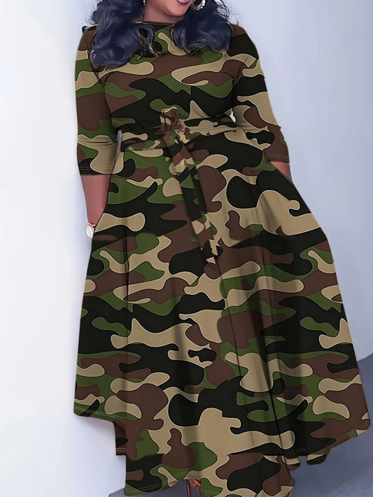 Plus Size Casual Dress, Women's Plus Camo Print Long Sleeve Round Neck Maxi Dress With Belt