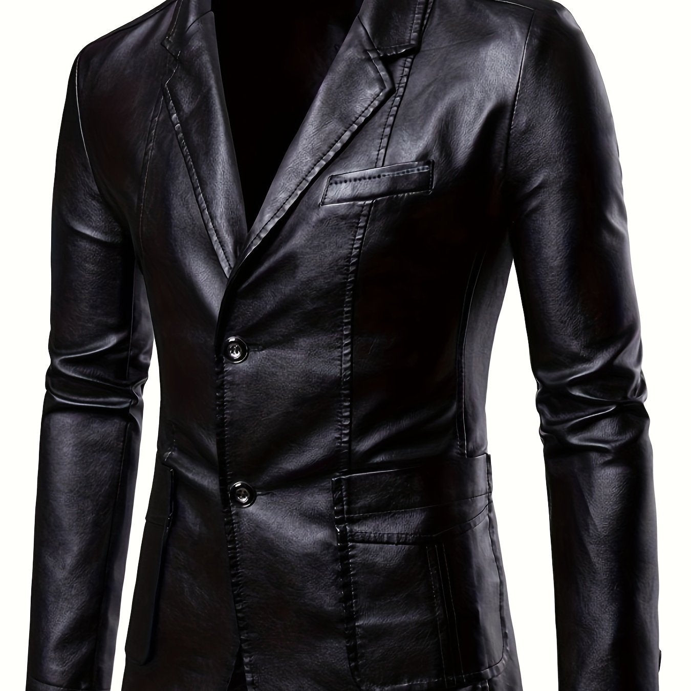 Plus Size Men's Lapel Solid Color Button Leather Suit, Loose Oversize Motorcycle Jacket Coat