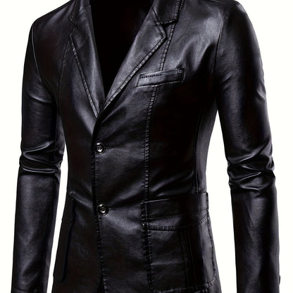 Plus Size Men's Lapel Solid Color Button Leather Suit, Loose Oversize Motorcycle Jacket Coat