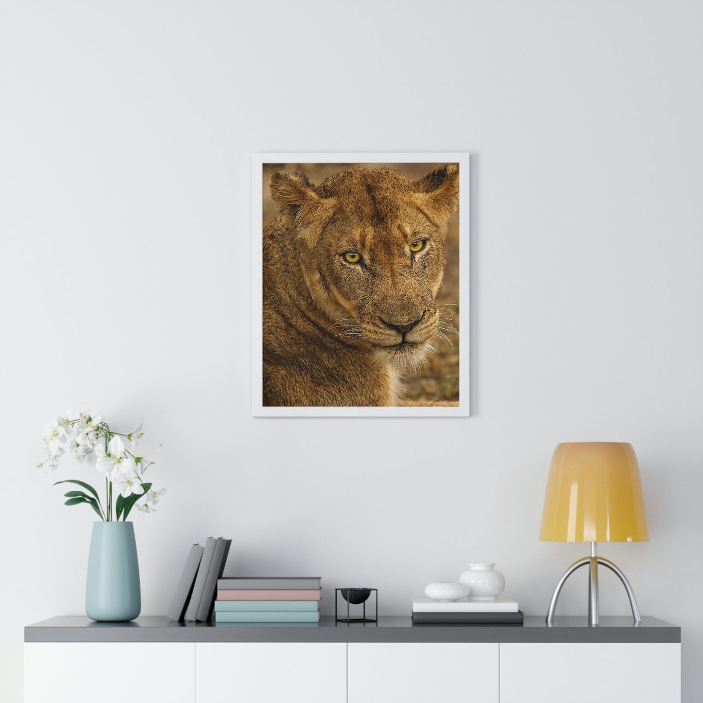 CLOSE TO AN AFRICAN LIONESS Premium Framed Vertical Poster by SobG Designs