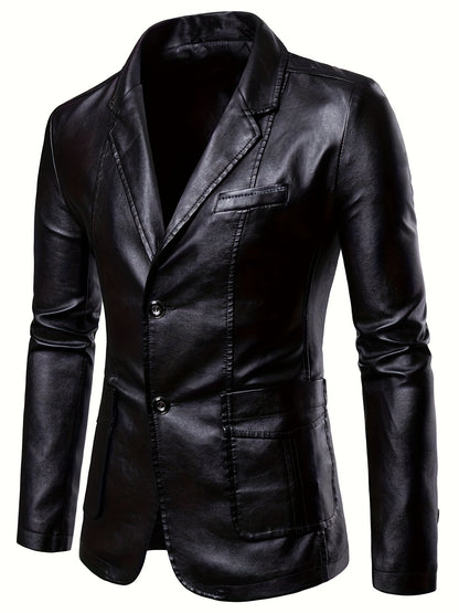 Plus Size Men's Lapel Solid Color Button Leather Suit, Loose Oversize Motorcycle Jacket Coat