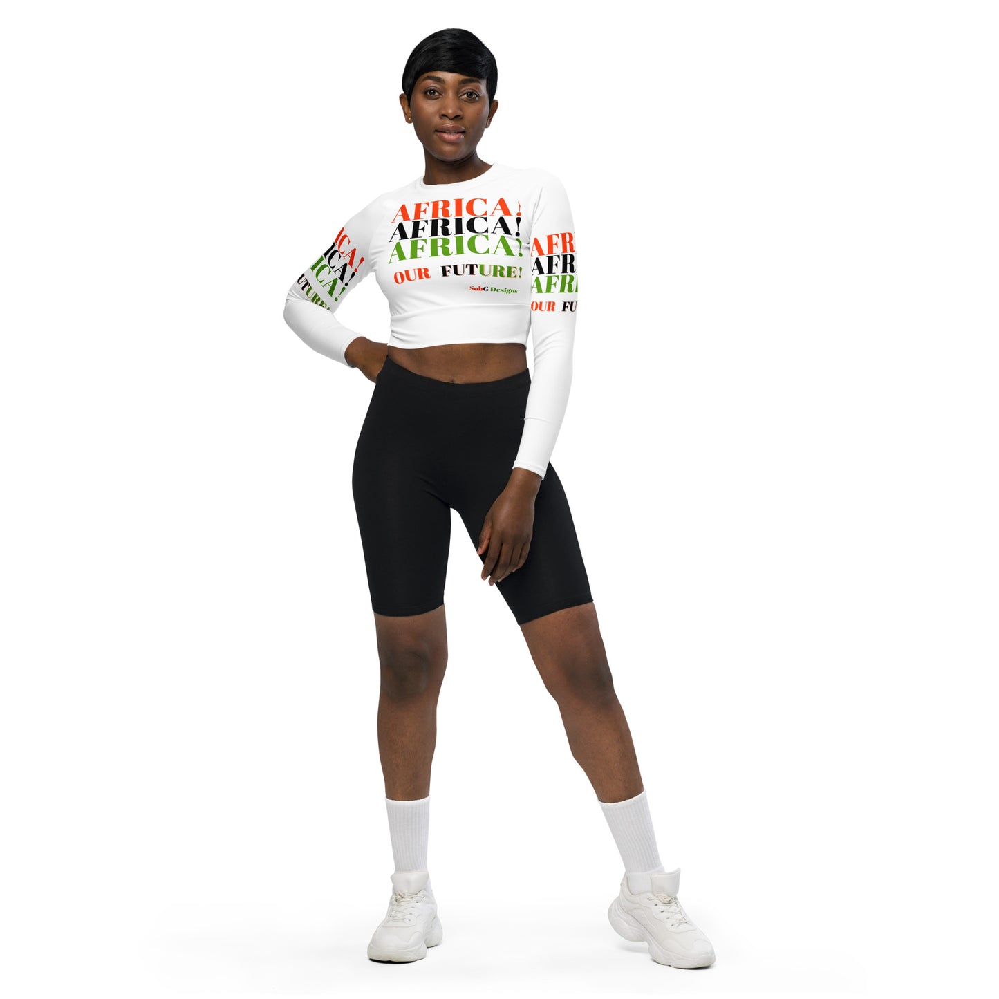 AFRICA! AFRICA! AFRICA! OUR FUTURE!  Recycled Long-Sleeve Crop Top by SobG Designs