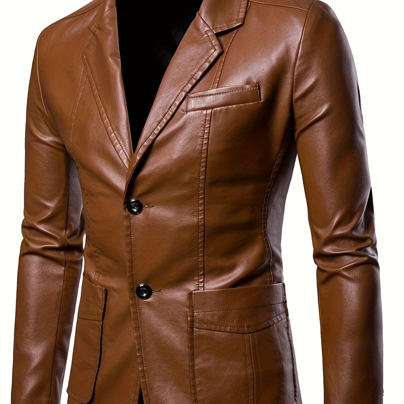 Plus Size Men's Lapel Solid Color Button Leather Suit, Loose Oversize Motorcycle Jacket Coat