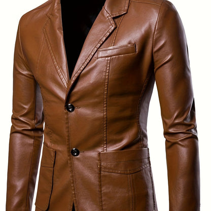 Plus Size Men's Lapel Solid Color Button Leather Suit, Loose Oversize Motorcycle Jacket Coat