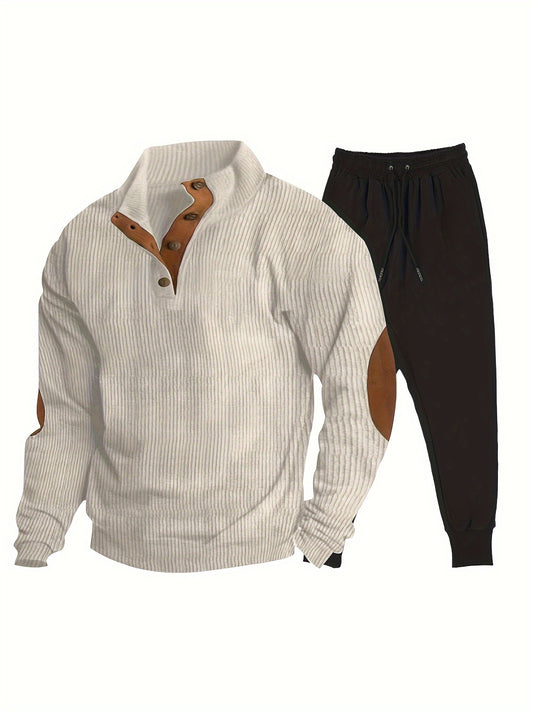 Retro Men's 2Pcs Outfits, Casual V Neck Long Sleeve Sweatshirt and Sweatpants Joggers Set