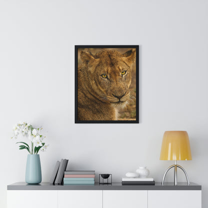CLOSE TO AN AFRICAN LIONESS Premium Framed Vertical Poster by SobG Designs