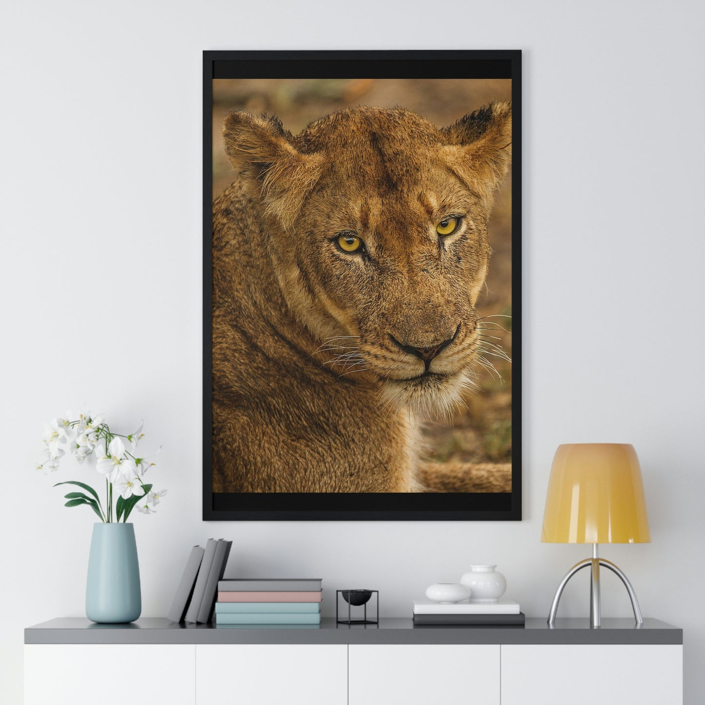CLOSE TO AN AFRICAN LIONESS Premium Framed Vertical Poster by SobG Designs