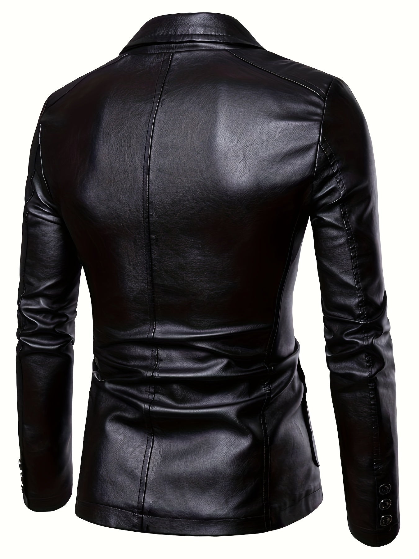 Plus Size Men's Lapel Solid Color Button Leather Suit, Loose Oversize Motorcycle Jacket Coat