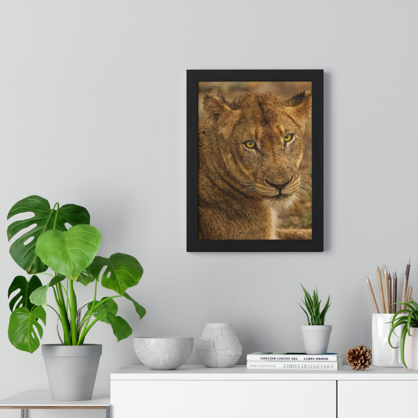 CLOSE TO AN AFRICAN LIONESS Premium Framed Vertical Poster by SobG Designs