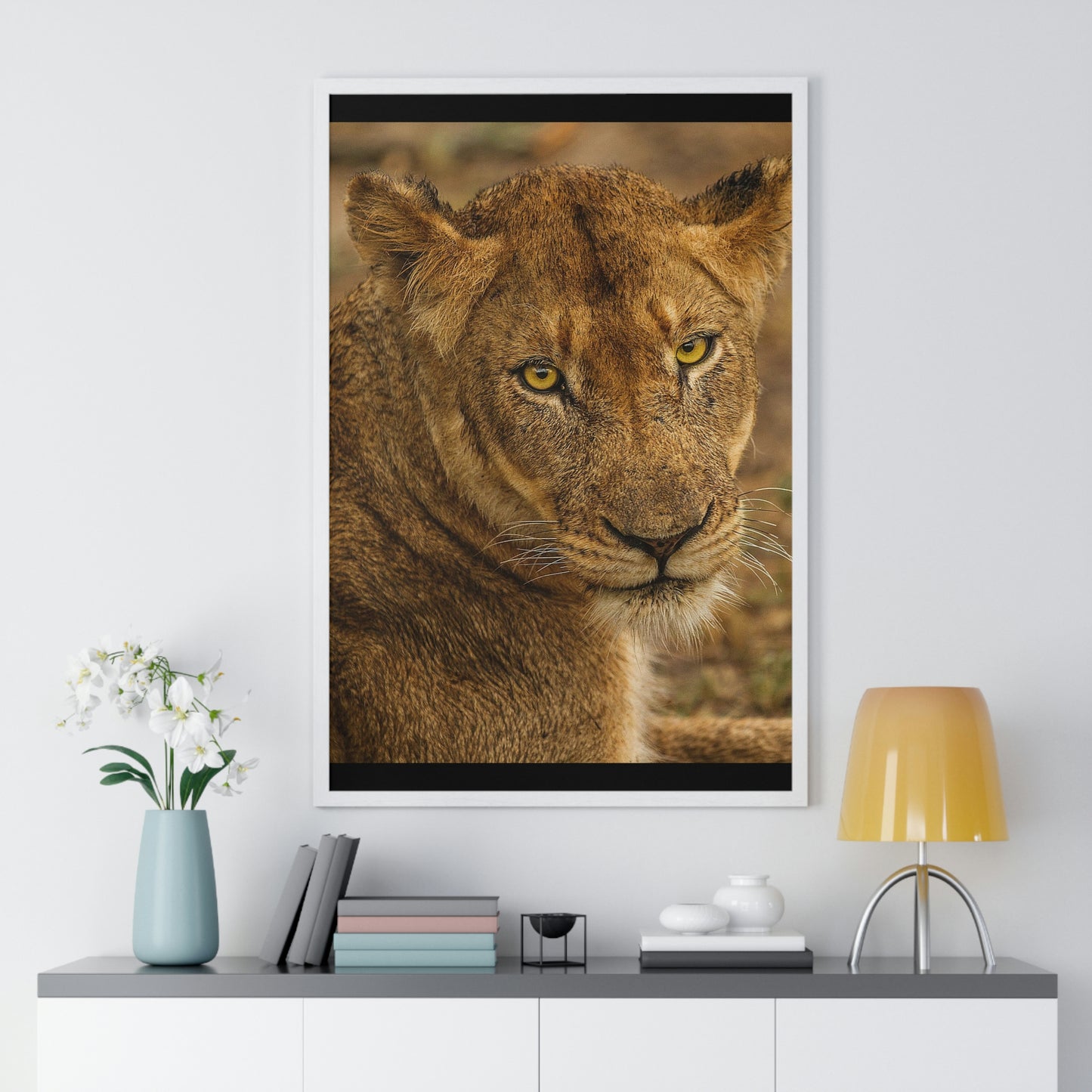 CLOSE TO AN AFRICAN LIONESS Premium Framed Vertical Poster by SobG Designs