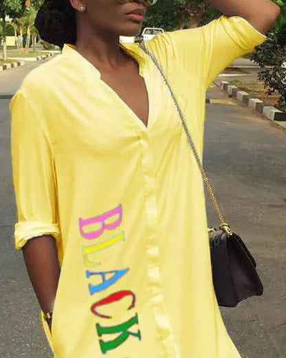 BLACK GIRL MAGIC!! Letter Print Split Hem Button Front Shirt Dress