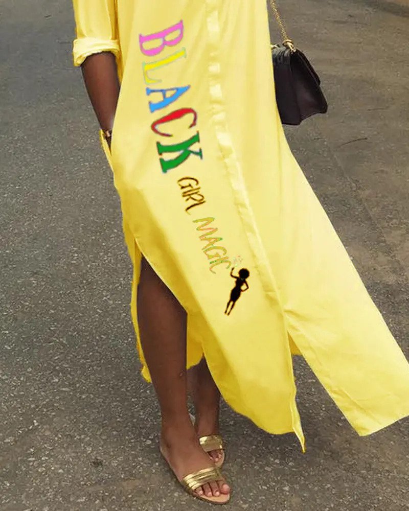 BLACK GIRL MAGIC!! Letter Print Split Hem Button Front Shirt Dress