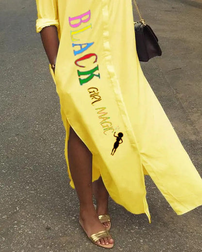 BLACK GIRL MAGIC!! Letter Print Split Hem Button Front Shirt Dress