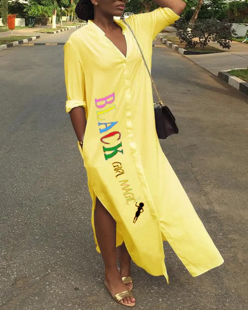 BLACK GIRL MAGIC!! Letter Print Split Hem Button Front Shirt Dress