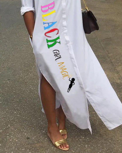 BLACK GIRL MAGIC!! Letter Print Split Hem Button Front Shirt Dress