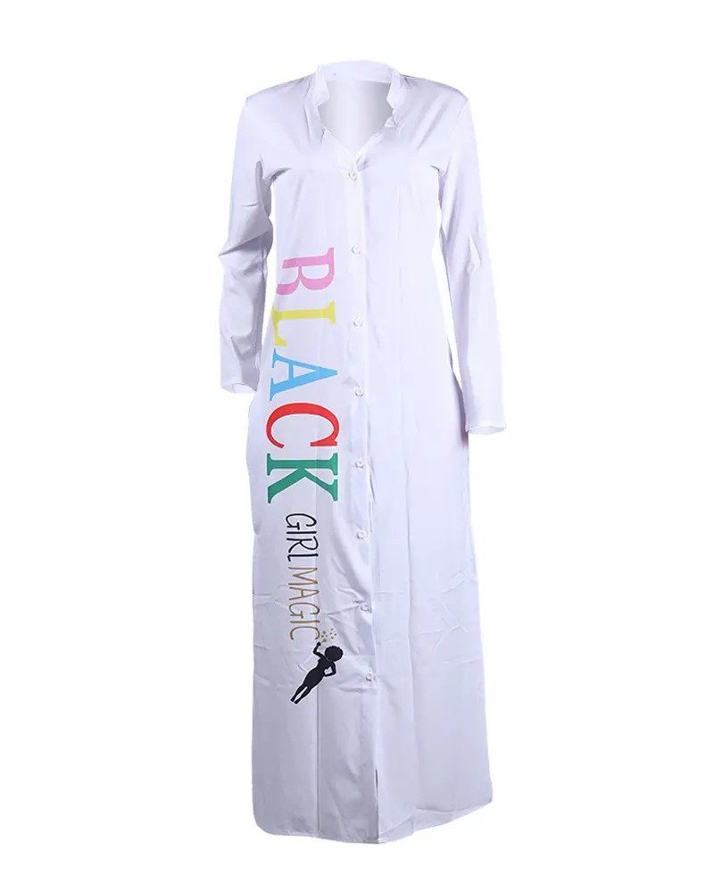 BLACK GIRL MAGIC!! Letter Print Split Hem Button Front Shirt Dress