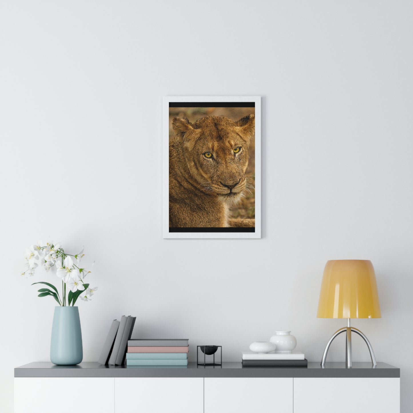 CLOSE TO AN AFRICAN LIONESS Premium Framed Vertical Poster by SobG Designs