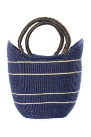 Midnight Blue Pinstripe Bolga Set of Three (3) Shopper with Leather Handles