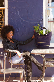 Midnight Blue Pinstripe Bolga Set of Three (3) Shopper with Leather Handles