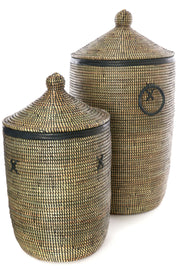 Set of Two Black Hampers with Black Leather Trim