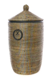 Set of Two Black Hampers with Black Leather Trim