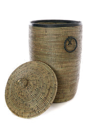 Set of Two Black Hampers with Black Leather Trim