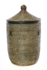 Set of Two Black Hampers with Black Leather Trim