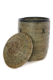 Set of Two Black Hampers with Black Leather Trim