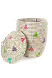 Large White Teranga Triangles Hamper Basket from Senegal Set of (2)